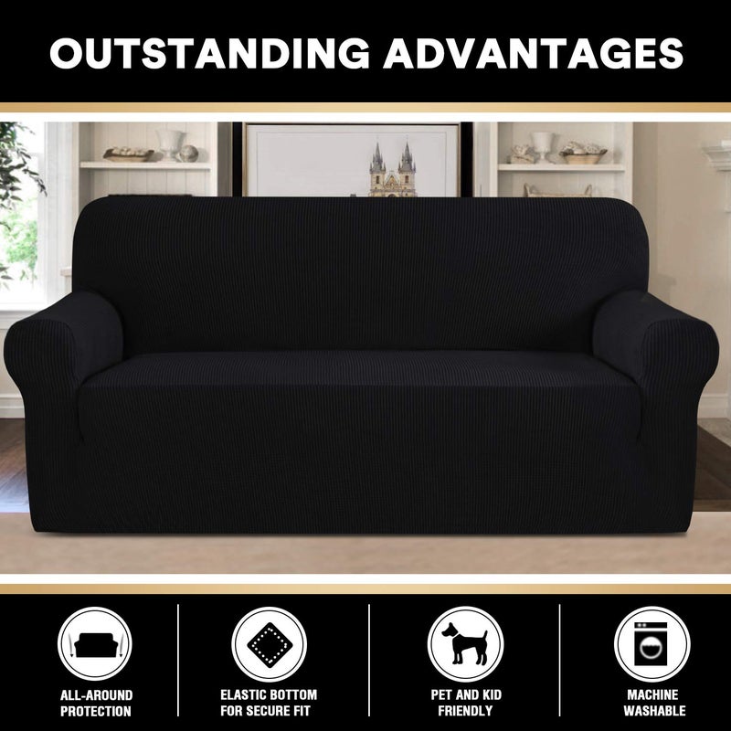 PrinceDeco Stretch Sofa Cover Slipcover Couch Covers for 3 Cushion Couch Furniture Protector Sofa Covers with Non Slip Elastic Bottom Dogs Pet Friendly Fitted (Sofa, Black) - Image 5